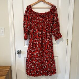 Who What Wear Red Smocked Flare Midi Dress Size